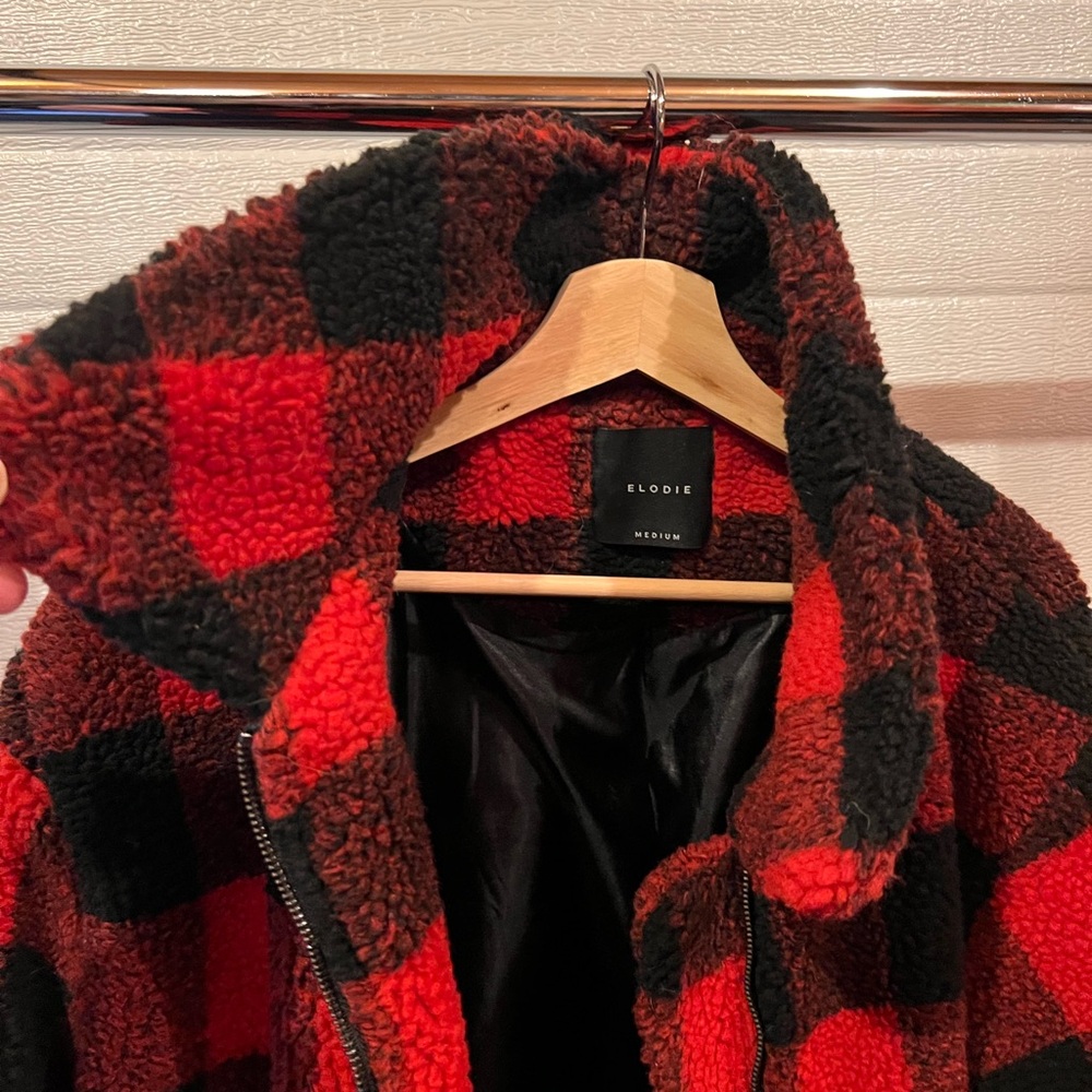 Elodie Women's Red and Black Plaid fleece bomber Jacket